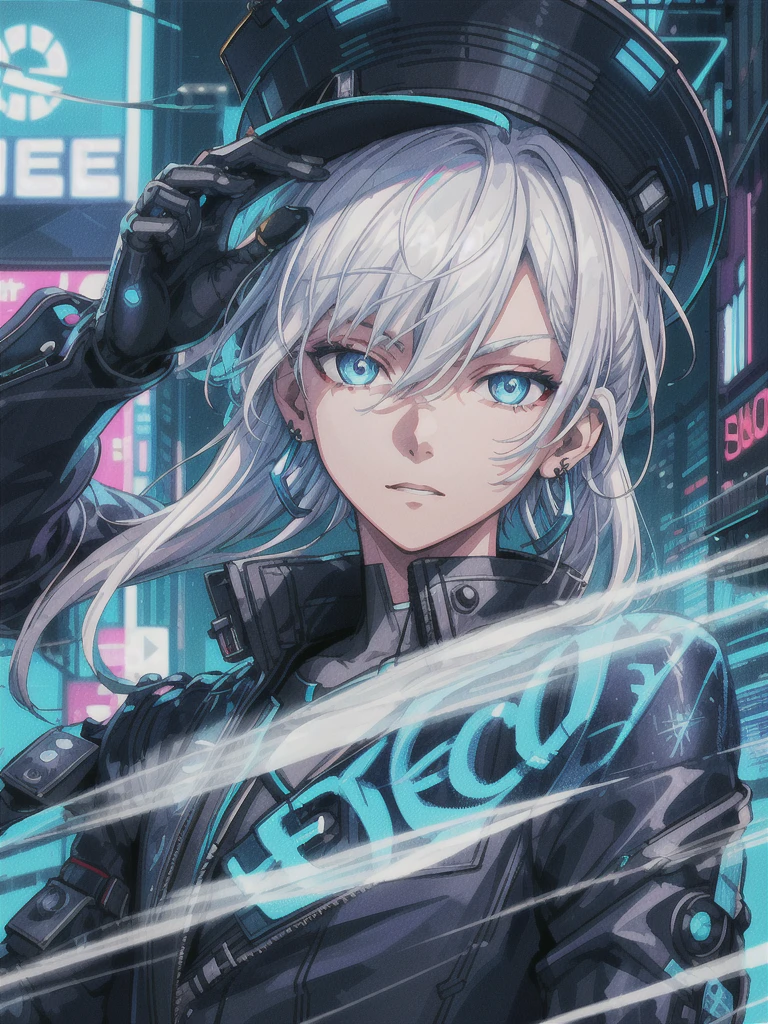 1 boy, solo, colorful, blue eyes, cyberpunk, cityscape, moon background, peace sign, earrings, white hair, hat, neon sign, beautiful lights, character focus, CG illustration, bust shot, white color jacket, 8k resolution, very detailed, anatomically correct, digital painting, concept art, clear picture,