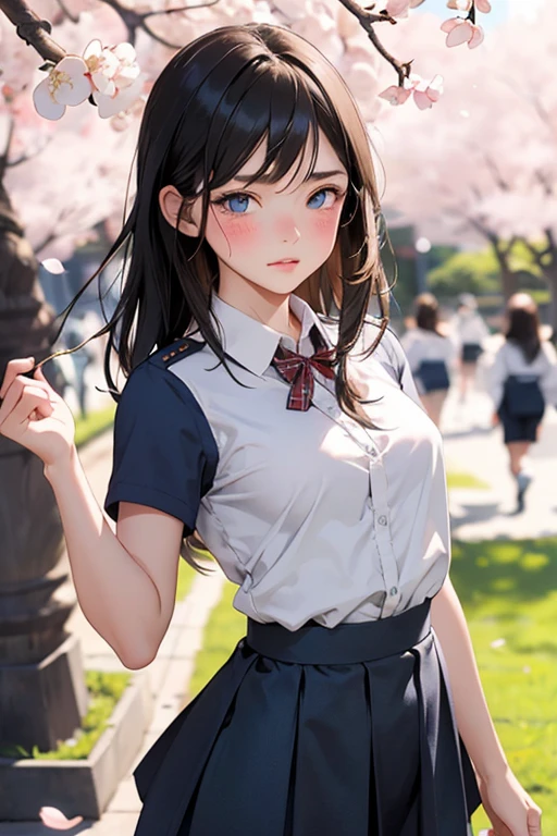 High school girl in uniform, skirt pulled up, cheering, blue eyes, blush: 1.1, sad face: 1.0, frilly underwear, cherry blossom trees, background blur,