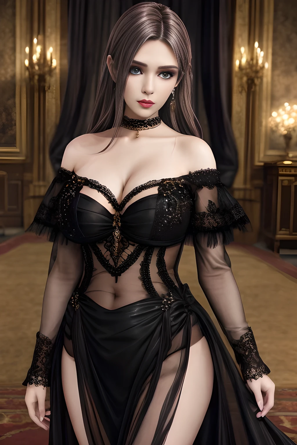 1girl, long sleeves, black dress, off shoulder, bare shoulders, long dress, (see-through), tulle dress,beautiful detailed eyes, beautiful detailed lips, extremely detailed eyes and face, long eyelashes, best quality, 4k, 8k, highres, masterpiece, ultra-detailed, realistic, photorealistic, photo-realistic, ethereal glow, regal elegance, intricate details, luxurious, otherworldly beauty, dark atmospheric background, supernatural aura, elise,