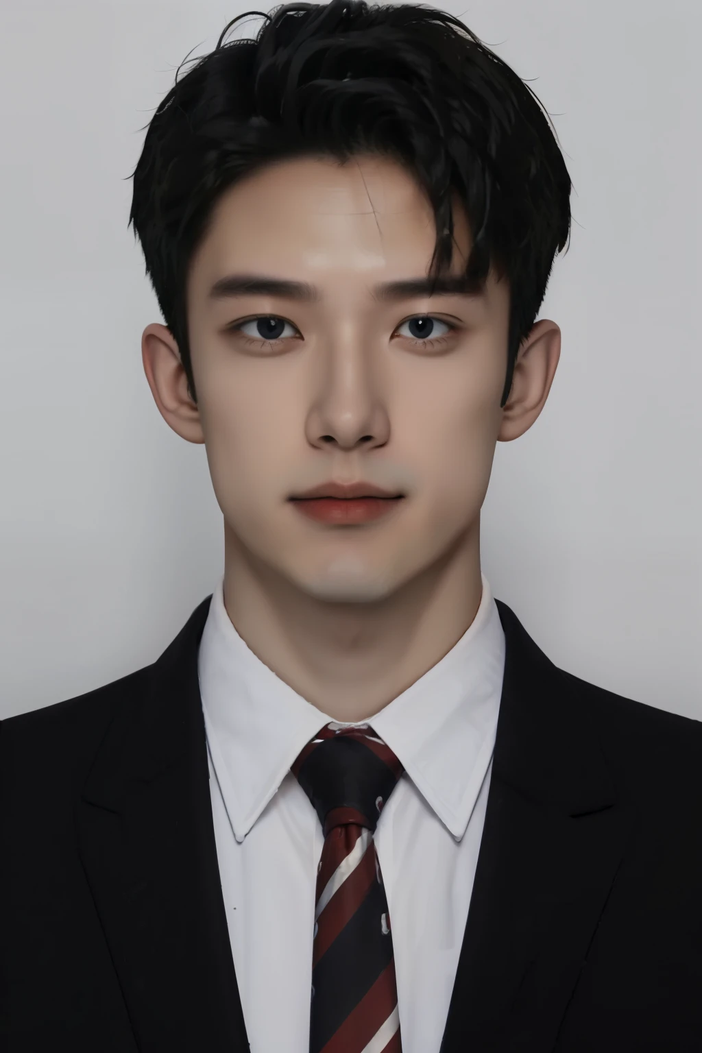 white ID photo,1 boy,alone,necktie,black hair,look at viewer,realistic,red necktie,shirt,white shirt,collared shirt,shirtแจ็กเกต,striped necktie,black shirtแจ็กเกต,upper body,Portrait,shirtสูทแฟชั่น,,