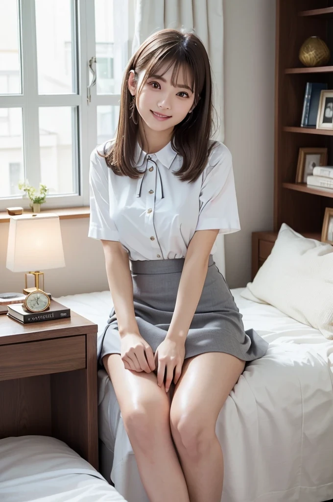 (Highest quality、masterpiece:1.9)、((Neat and clean female college student、1 person))、Soft lighting by a professional photographer、Natural light、((Very spacious white luxurious room:1.6))、((Bright white room:1.6))、(Sitting on a very luxurious white bed:1.2)、(White Bookcase:1.1)、Natural soft light、((Brown Hair:1.1))、Fair skin、Detailed Eyes、double eyelid、Slightly puffy cheeks、((Small Face:1.0))、((Checked one-piece shirt、Grey mini skirt、Please wear it with the chest open.:1.2))、(smile)、((Girly pose 1.8))、High resolution,、((Long Hair:1.2))、((Full Body Shot:1.2))、Live-action image quality、((Height: 150cm))、Hands in front、Hide your hands between your legs、Please wear it with the chest open.、Live-action image quality、(No bangs:1.5)、F cup big breasts