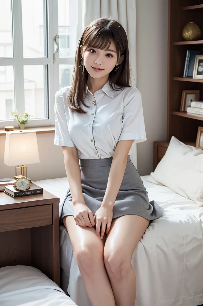 (Highest quality、masterpiece:1.9)、((Neat and clean female college student、1 person))、Soft lighting by a professional photographer、Natural light、((Very spacious white luxurious room:1.6))、((Bright white room:1.6))、(Sitting on a very luxurious white bed:1.2)、(White Bookcase:1.1)、Natural soft light、((Brown Hair:1.1))、Fair skin、Detailed Eyes、double eyelid、Slightly puffy cheeks、((Small Face:1.0))、((Checked one-piece shirt、Grey mini skirt、Please wear it with the chest open.:1.2))、(smile)、((Girly pose 1.8))、High resolution,、((Long Hair:1.2))、((Full Body Shot:1.2))、Live-action image quality、((Height: 150cm))、Hands in front、Hide your hands between your legs、Please wear it with the chest open.、Live-action image quality、(No bangs:1.5)、F cup big breasts