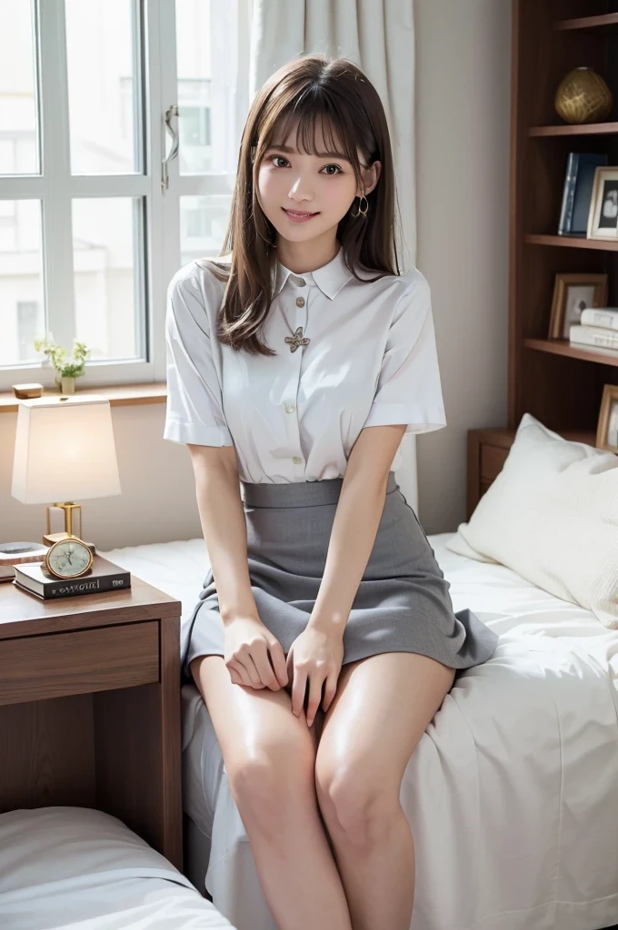 (Highest quality、masterpiece:1.9)、((Neat and clean female college student、1 person))、Soft lighting by a professional photographer、Natural light、((Very spacious white luxurious room:1.6))、((Bright white room:1.6))、(Sitting on a very luxurious white bed:1.2)、(White Bookcase:1.1)、Natural soft light、((Brown Hair:1.1))、Fair skin、Detailed Eyes、double eyelid、Slightly puffy cheeks、((Small Face:1.0))、((Checked one-piece shirt、Grey mini skirt、Please wear it with the chest open.:1.2))、(smile)、((Girly pose 1.8))、High resolution,、((Long Hair:1.2))、((Full Body Shot:1.2))、Live-action image quality、((Height: 150cm))、Hands in front、Hide your hands between your legs、Please wear it with the chest open.、Live-action image quality、(No bangs:1.5)、F cup big breasts