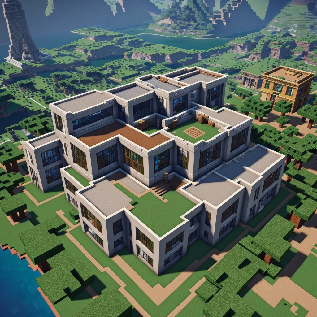 Minecraft gaming man character building a house city's flying in helicopter