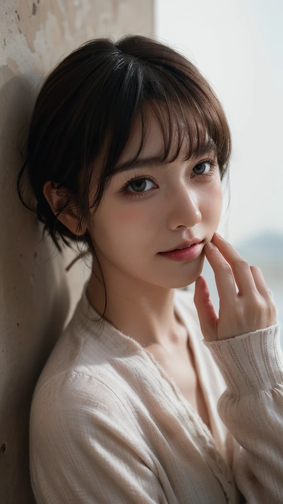 Top quality, Masterpiece, Ultra-high resolution, (Realistic, : 1.4), Original photo, (True skin texture: 1.3), (filmgrain: 1.3), in a panoramic view, Portrait, Very wide lens, Narrow waist, cowboy lens, (bangs, Inconspicuous, Cold light,) Night, Close-up, Tears, Short hair, neck long, ears sticking out, bangs, Big eyes, Brightly Colored Eyes, In the house, Dust, Tindall effect, (Facial expression), Sitting, (hitting a wall), Crying, Frowning, (Looking down), Nervousness, Tears, smiling happily
one girl, eyes and face with beautiful details, White jabot, pink dark V, Brown eyes,