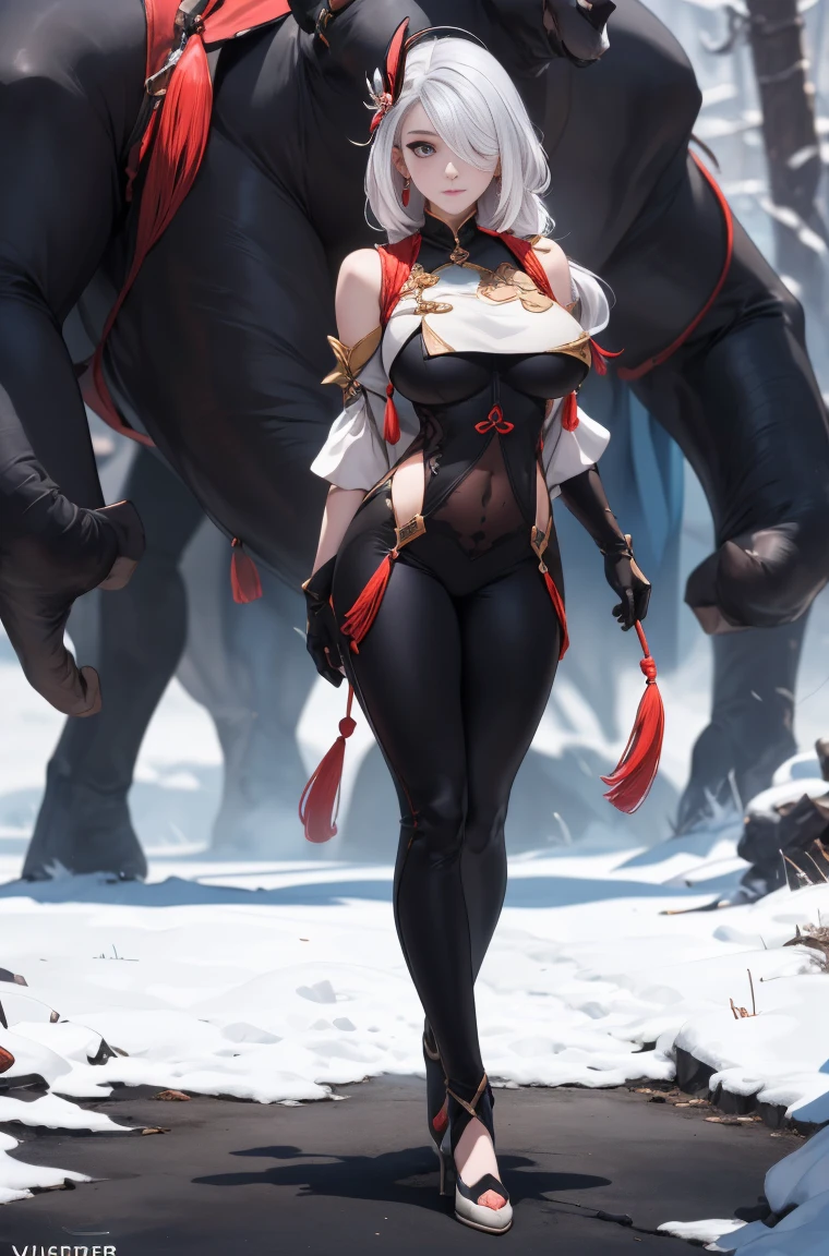 extremely detailed CG unity 8k wallpaper,best quality,realistic,world masterpiece,(highres, ultra detailed,8K),(extreme low camera),1girl,solo,pale skin,perfect body,glossy skin,killer,shenhe \(genshin impact\),(hair over one eye),long hair,tassel,gloves,breast curtain,(black bodysuit),bodysuit,tassel earrings,(close-up photo:1.1),(supergiant breasts:1.3),(arms behind back),white hair,(hair decoration),(hair ornament), looking at viwer, (full body:1.7),