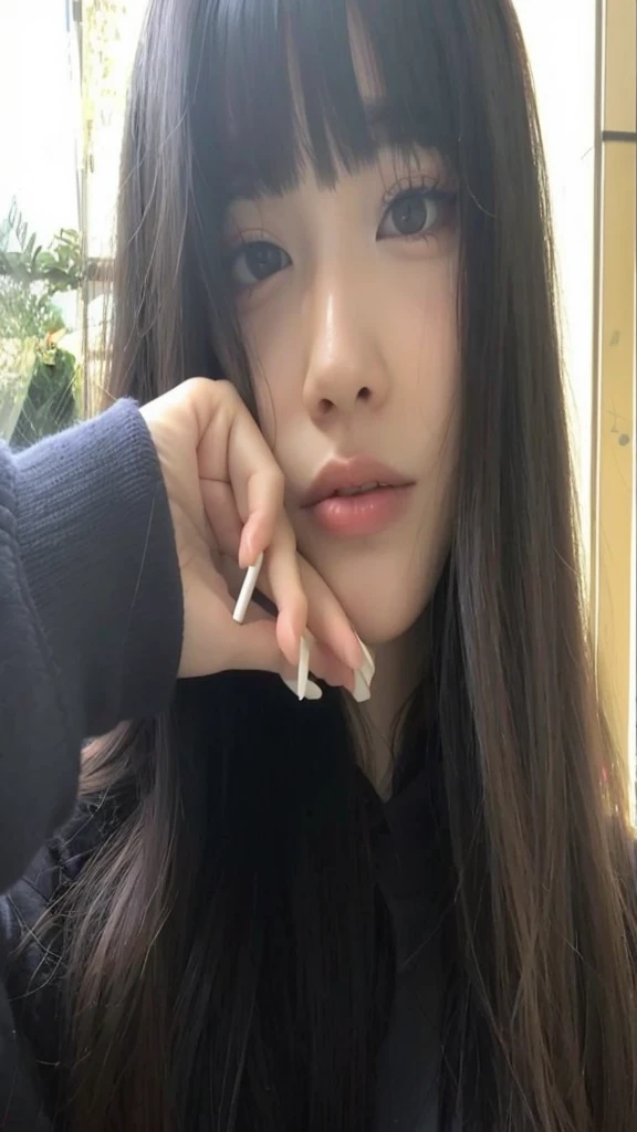 Close-up of a woman with long hair and a cigarette, Ela tem cabelo preto With bangs, Ulzzang, With bangs completa, Larisa Manovar, With bangs, Korean, cabelo arrumado With bangs, Young and pretty Asian face, cabelo comprido With bangs completa, cabelos longos With bangs, Young and adorable Korean face, Pale, round face, young asian girl