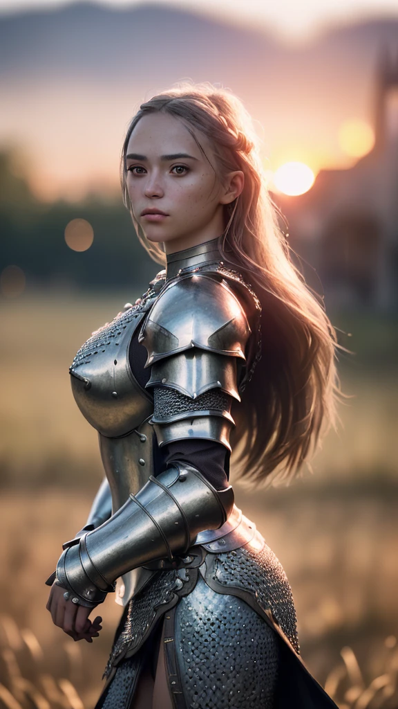 (masterpiece), (extremely intricate:1.3), (realistic), portrait of a girl, the most beautiful in the world, (medieval armor), metal reflections, upper body, outdoors, intense sunlight, far away castle, professional photograph of a stunning woman detailed, sharp focus, dramatic, award winning, cinematic lighting, octane render  unreal engine,  volumetrics dtx, (film grain, blurry background, blurry foreground, bokeh, depth of field, sunset, motion blur:1.3), chainmail