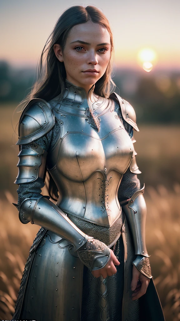 (masterpiece), (extremely intricate:1.3), (realistic), portrait of a girl, the most beautiful in the world, (medieval armor), metal reflections, upper body, outdoors, intense sunlight, far away castle, professional photograph of a stunning woman detailed, sharp focus, dramatic, award winning, cinematic lighting, octane render  unreal engine,  volumetrics dtx, (film grain, blurry background, blurry foreground, bokeh, depth of field, sunset, motion blur:1.3), chainmail