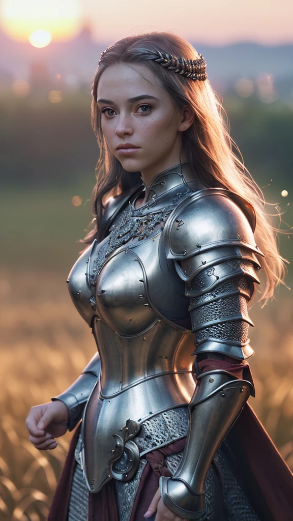 (masterpiece), (extremely intricate:1.3), (realistic), portrait of a girl, the most beautiful in the world, (medieval armor), metal reflections, upper body, outdoors, intense sunlight, far away castle, professional photograph of a stunning woman detailed, sharp focus, dramatic, award winning, cinematic lighting, octane render unreal engine, volumetrics dtx, (film grain, blurry background, blurry foreground, bokeh, depth of field, sunset, motion blur:1.3), chainmail