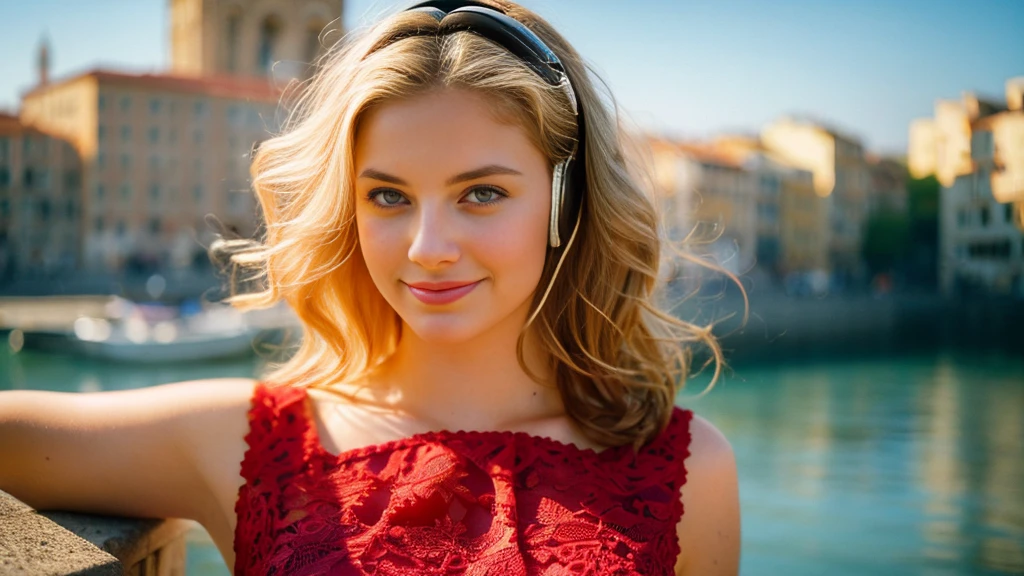 Beautiful blonde with big breasts in a red dress (Beautiful Italian city in the morning sun),Wearing headphones,Very detailed, 21 years old, Innocent face, Naturally Wavy Hair, blue eyes, High resolution, masterpiece, Highest quality, Intricate details, Very detailed, Clear focus, Delicate skin, practical skin texture, texture, Delicate eyes, Professional, 4K, Cute Smile, Shot with Canon, 85mm, Shallow and deep,  Kodak Vision Color, Exactly, Very detailed, photograph_\(Extremist\), photographpractical, practical, Post-processing, Maximum details, Roughness, Real Life, Extremist practical, Photorealism, photographgraphy, 8K Ultra HD, photographgraphy