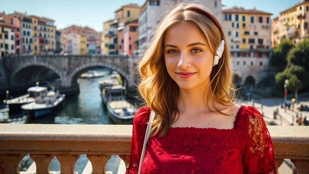 Beautiful blonde with big breasts in a red dress (Beautiful Italian city in the morning sun),Wearing headphones,Very detailed, 21 years old, Innocent face, Naturally Wavy Hair, blue eyes, High resolution, masterpiece, Highest quality, Intricate details, Very detailed, Clear focus, Delicate skin, practical skin texture, texture, Delicate eyes, Professional, 4K, Cute Smile, Shot with Canon, 85mm, Shallow and deep, Kodak Vision Color, Exactly, Very detailed, photograph_\(Extremist\), photographpractical, practical, Post-processing, Maximum details, Roughness, Real Life, Extremist practical, Photorealism, photographgraphy, 8K Ultra HD, photographgraphy