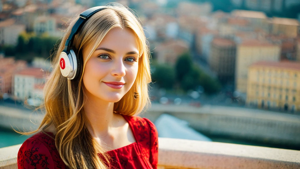 Beautiful blonde with big breasts in a red dress (Beautiful Italian city in the morning sun),Wearing headphones,Very detailed, 21 years old, Innocent face, Naturally Wavy Hair, blue eyes, High resolution, masterpiece, Highest quality, Intricate details, Very detailed, Clear focus, Delicate skin, practical skin texture, texture, Delicate eyes, Professional, 4K, Cute Smile, Shot with Canon, 85mm, Shallow and deep,  Kodak Vision Color, Exactly, Very detailed, photograph_\(Extremist\), photographpractical, practical, Post-processing, Maximum details, Roughness, Real Life, Extremist practical, Photorealism, photographgraphy, 8K Ultra HD, photographgraphy