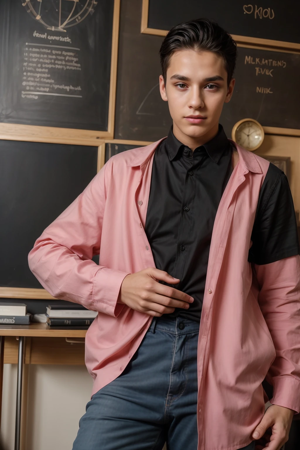 A young man with a beautiful blink of an eye, with a black hair, wearing a luxurious shirt with long sleeves, bright pink, and jeans, and he is in his office, and behind him is a blackboard with a manuscript on the mind map, looking with pride and eyes. Underneath it is black auras and has a beautiful face with makeup