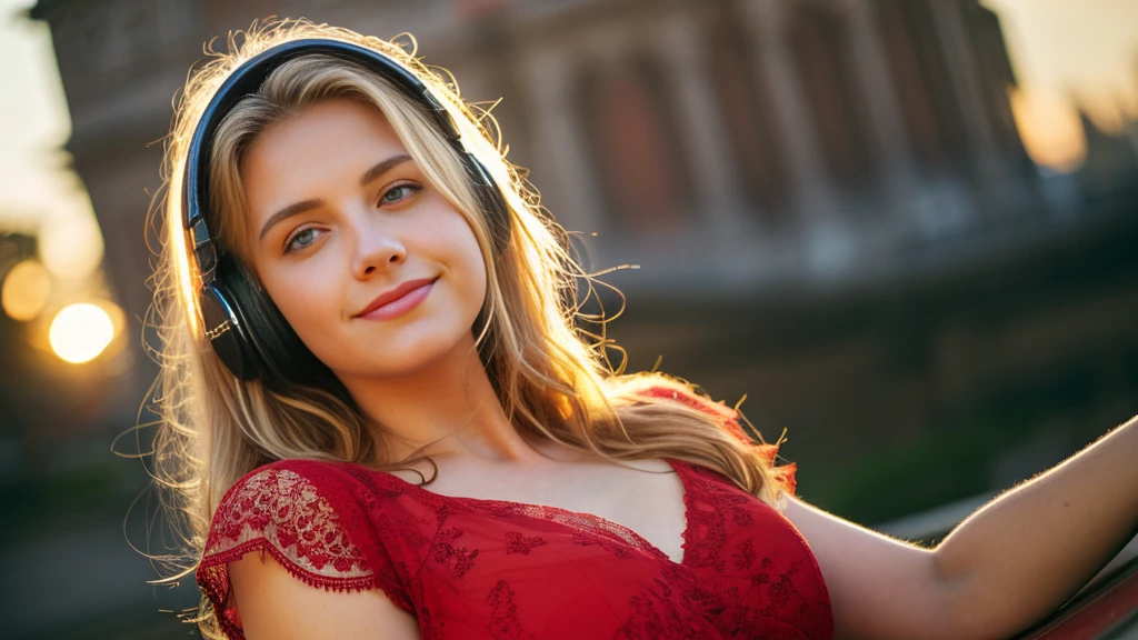 Beautiful blonde with big breasts in a red dress (Beautiful Italian city in the morning sun),Wearing headphones,Very detailed, 21 years old, Innocent face, Naturally Wavy Hair, blue eyes, High resolution, masterpiece, Highest quality, Intricate details, Very detailed, Clear focus, Delicate skin, practical skin texture, texture, Delicate eyes, Professional, 4K, Cute Smile, Shot with Canon, 85mm, Shallow and deep, Kodak Vision Color, Exactly, Very detailed, photograph_\(Extremist\), photographpractical, practical, Post-processing, Maximum details, Roughness, Real Life, Extremist practical, Photorealism, photographgraphy, 8K Ultra HD, photographgraphy