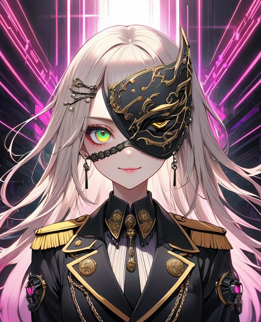 (Digital Illustration,Detailed anime style,Heavy Metal Cyberpunk,Pearl tassel eye mask,Portrait of girl wearing mask eye patch,Solitary,symmetry),(Big colorful eyes,Fashionable and exquisite facial features,Exquisite makeup,Smooth skin,Smile,Soulful gaze,),(Straight Hair,Hairpin),(Black suit,Epaulettes-Chain,cool,),(((Correct human anatomy))),,out a hand:1.37.Radioactive geometric dynamic light wave background