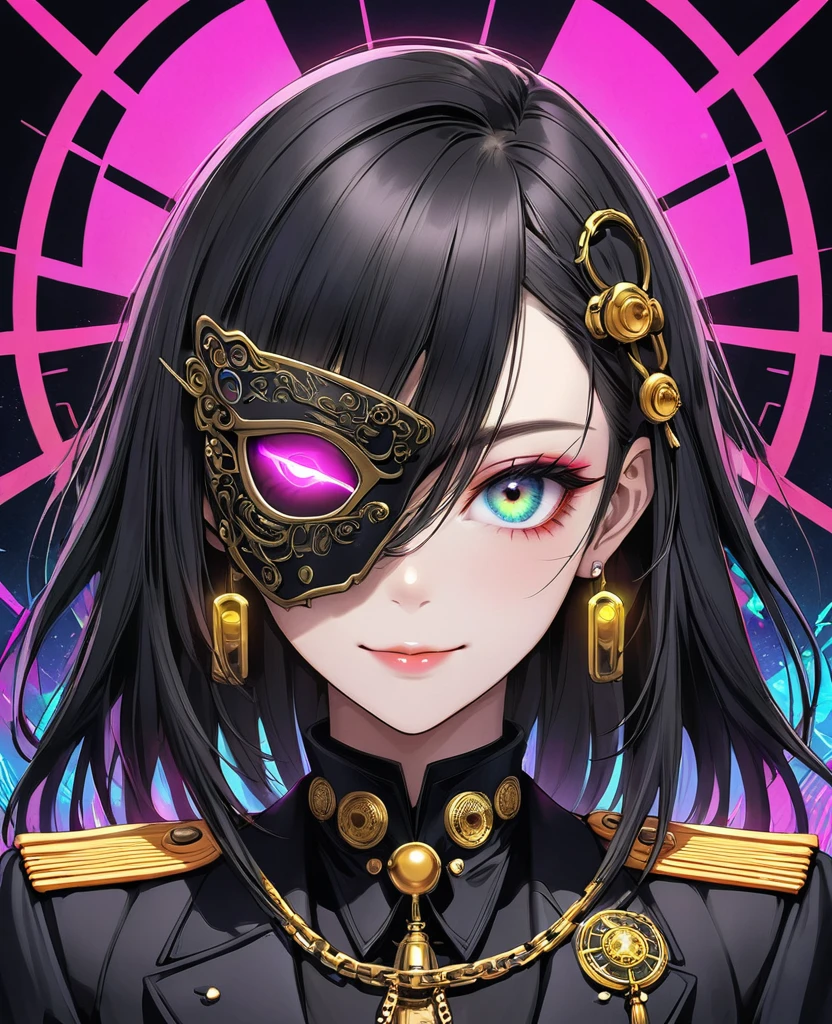 (Digital Illustration,Detailed anime style,Heavy Metal Cyberpunk,Pearl tassel eye mask,Portrait of girl wearing mask eye patch,Solitary,symmetry),(Big colorful eyes,Fashionable and exquisite facial features,Exquisite makeup,Smooth skin,Smile,Soulful gaze,),(Straight Hair,Hairpin),(Black suit,Epaulettes-Chain,cool,),(((Correct human anatomy))),,out a hand:1.37.Radioactive geometric dynamic light wave background