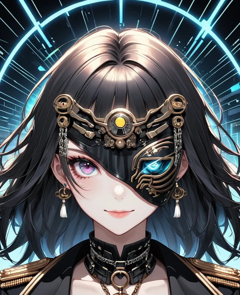 (Digital Illustration，Detailed anime style，Heavy Metal Cyberpunk，Pearl tassel eye mask，Portrait of girl wearing mask eye patch，Solitary，symmetry)，(Big colorful eyes，Fashionable and exquisite facial features，Exquisite makeup，Smooth skin，Smile，Soulful gaze，)，(Straight Hair，Hairpin)，(Black suit，Epaulettes-Chain，cool，)，(((Correct human anatomy)))，，out a hand：1.37.Radioactive geometric dynamic light wave background