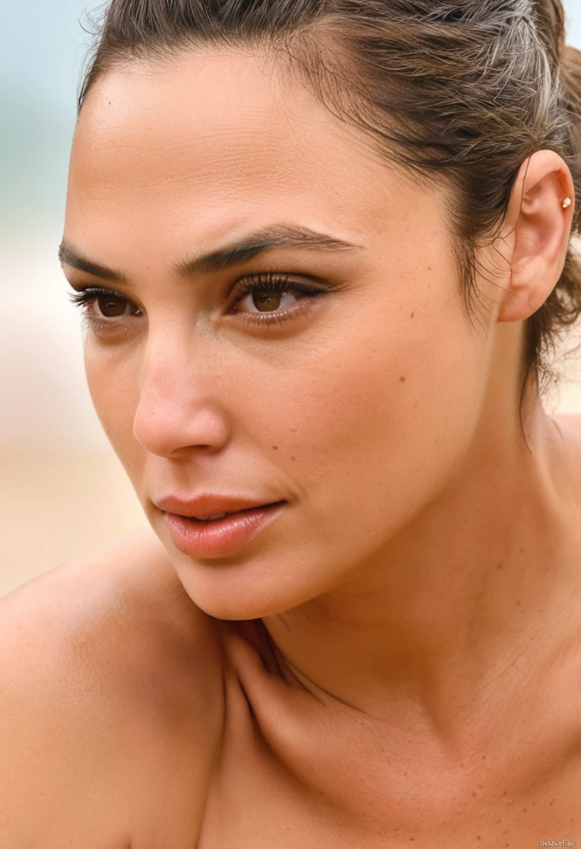  high quality  Erotic shot , ( GalGadot , oily face, sensual detailed ultra realistic  skin texture  ) celebrity erotic photograph , nude, fit fleshy figure , sunny, shiny sweaty skin, on beach, celebrity, female,  woman, hollywood actress,  fleshy muscular woman  , ( natural lights, depth of field, insanely detailed skin texture, hyper detailed features )