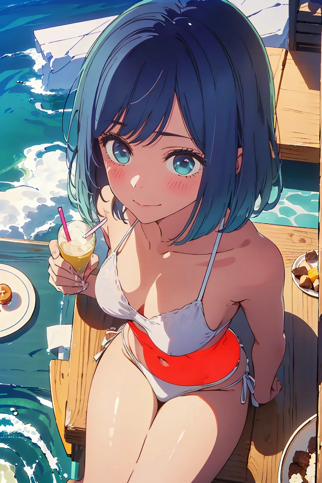 Highest quality,8k,detailed,F cup bust、Big Breasts、Slim and beautiful arms、Slim body、Very white beautiful skin、((((1 person、smile、Swimwear、She is wearing a white side-string high-leg bikini、smile、sit、In the background are the urban buildings of Tokyo、Outdoor café terrace、Drink juice、Cheek resting on hand、coastal、table、looking at the camera、Looking up、Shooting from a distance、Shot from above、Navy hair color、Very cute face))))、Sexy pose、Very blue sky、A completely cloudless sky、She tilted her head slightly、The atmosphere is bright and lively、The woman is at the center of the image。