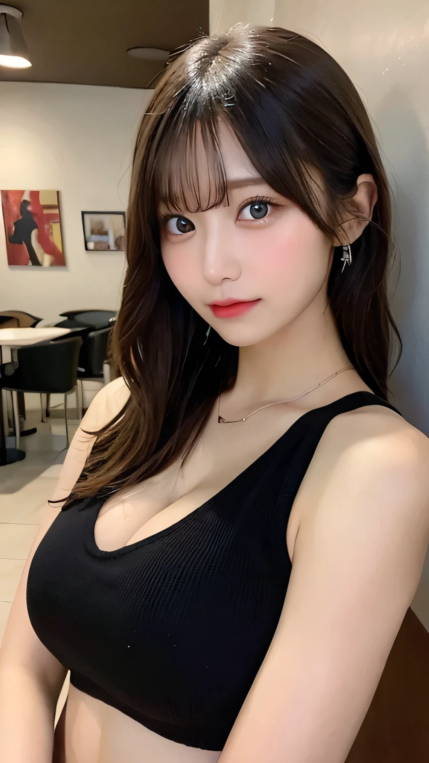 Tabletop, Highest quality, shape, Very detailed, finely, High resolution, 8k wallpaper, Perfect dynamic composition, Beautiful and beautiful eyes,  Natural Lip, Tank top, Big Breasts, Cleavage, whole body, Navel exposed, Random  poses