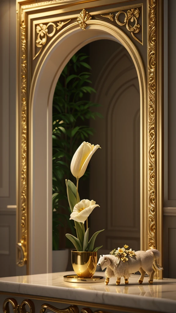A stunning 3D rendering of a luxurious and charming design, featuring an elegantly curved tulip and sheep. The golden accent on the blooming petals and lush green
leaves exude a refined elegance. A soft glow emanates from the center of the flower, while the light gray background harmoniously complements the floral focal point. The name " Eid Al Adha Mubarak,
" Borneo Prompters ” is elegantly written in sophisticated gold script beneath the captivating flower. This design masterfully combines modern and classic elements, creating a timeless charm and an atmosphere of cinematic elegance. The high-quality rendering displays soft lighting and soft, painterly texture, resulting in a charming and dreamlike atmosphere. This exceptional work of art demonstrates masterful and cinematic 3D rendering, 3D rendering, cinematic 3D rendering., photo, illustration, 3d render, typography, architecture, conceptual art