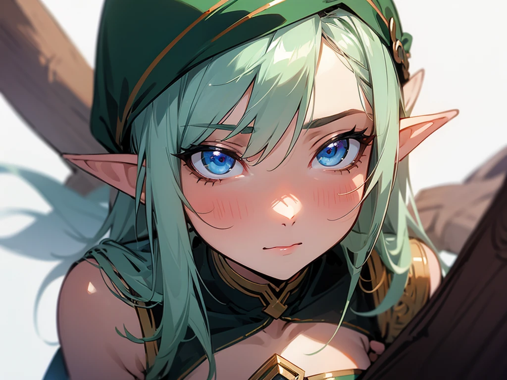 sexy elf girl looking embarrassed and shy, plain white background