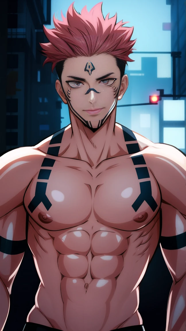 masterpiece, best quality, ultra-detailed, texture, detail eyes,8k, 1boy, Sukuna, a man with pink hair and shirtless, tattoo_ryoumen, tattoo_on_his_face, tattoo on body, looking at viewer, abs, detailed eyes, detailed face, (masterpiece:1.4),(best quality:1.4),(shiny skin),realistic, bright, neon lights, night, midnight, city, cyberpunk, light ,  