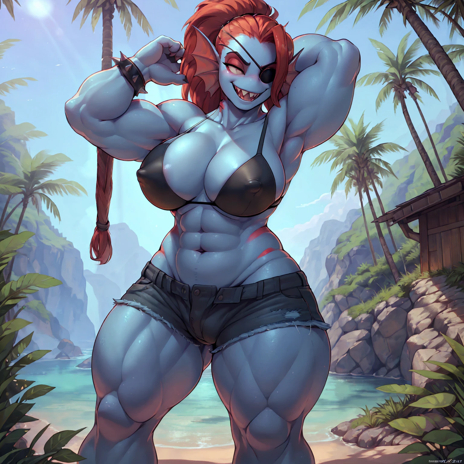 uploaded on e621, undyne, (broad shoulders, thick arms, thick thighs, chunky, muscular legs, massive breasts), (highly detailed eyes), bare midriff, (nipple outline), large areolae, spiked bracelet, highly detailed crotch, absurd res, highly detailed, cinematic lighting, perfect face, perfect eyes, hands behind head, masterpiece, best quality, 4k, realistic textures, realistic lighting, (high detail:1.3), (unreal engine:1.1), by darkgem, by wfa, looking at viewer, amazon, (micro black bikini:1.3), denim shorts, slit pupil, black eyepatch, huge front teeth, smooth skin, blue skin, beachside, standing upright, laughing