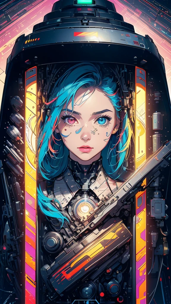 (((masterpiece, highest quality))),(((solo:1.2))),(((1girl:1.2))),32k wallpaper, very detailed, poster, vintage science fiction,(((((geometric cinematic movie poster))))), (bauhaus), shape,(((abstract))),(mid century modern),movie poster,(((((portfolio))))),(((((Close-up))))),(((((bust up))))),((((more various angle)))),(((highlight))),Vast landscape,((((heterochromia)))),(((complete. detailed face))),((((Extremely talented)))),(((((most complicated machine))))),((Overall colorfully)),neon sign