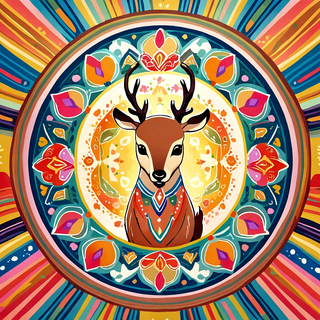 A colorful painting of a mandala with a simple and cute deer motif