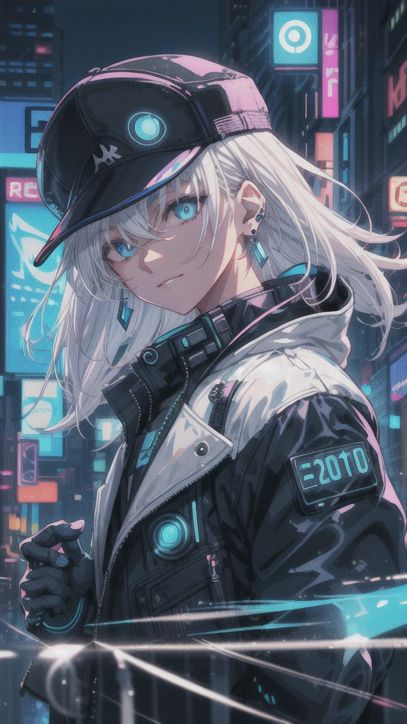 1 boy, solo, colorful, blue eyes, cyberpunk, cityscape, moon background, peace sign, earrings, white hair, hat, neon sign, beautiful lights, character focus, CG illustration, bust shot, white color jacket, 8k resolution, very detailed, anatomically correct, digital painting, concept art, clear picture,