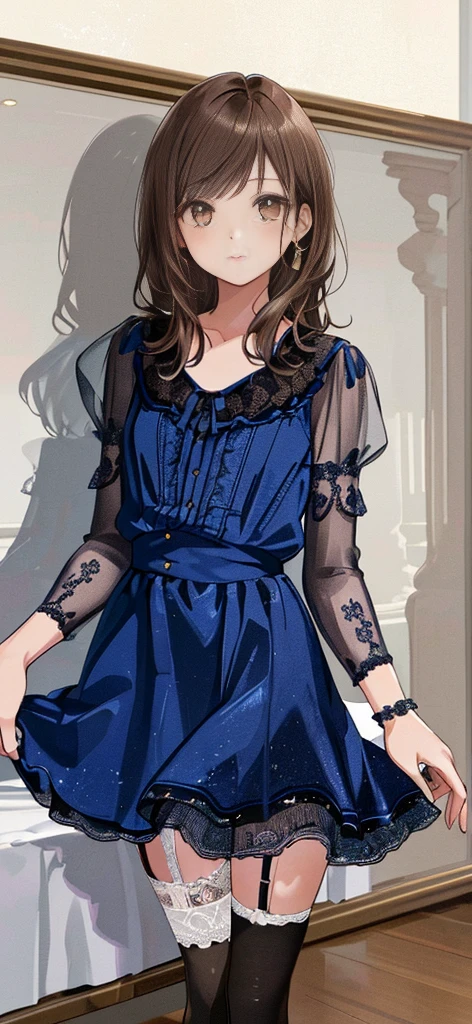 ((masterpiece)), ((best quality)), ((ultra detailed)), ((kawaii)), cute, (lovely), ((extremely detailed)), ((8K)), (beautiful), full body, luxury room, a cute girl, 1girl, solo, blue mini camisole dress,beautiful light brown hair, ((detailed beautiful brown eyes)), white-skinned, flat breast, tiny breast, garter belt,(garter stockings:1.4),pink eyeshadow