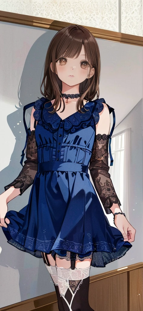 ((masterpiece)), ((best quality)), ((ultra detailed)), ((kawaii)), cute, (lovely), ((extremely detailed)), ((8K)), (beautiful), full body, luxury room, a cute girl, 1girl, solo, blue mini camisole dress,beautiful light brown hair, ((detailed beautiful brown eyes)), white-skinned, flat breast, tiny breast, garter belt,(garter stockings:1.4),pink eyeshadow