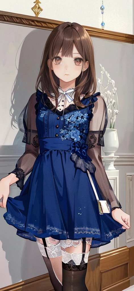 ((masterpiece)), ((best quality)), ((ultra detailed)), ((kawaii)), cute, (lovely), ((extremely detailed)), ((8K)), (beautiful), full body, luxury room, a cute girl, 1girl, solo, blue mini camisole dress,beautiful light brown hair, ((detailed beautiful brown eyes)), white-skinned, flat breast, tiny breast, garter belt,(garter stockings:1.4),pink eyeshadow