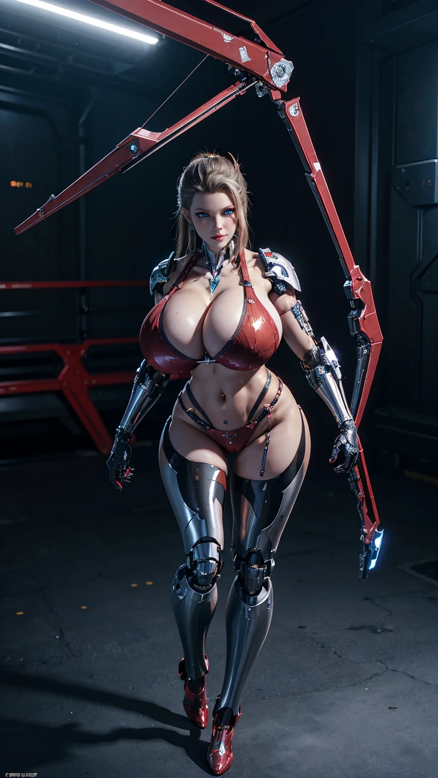 Solo, stand up straight, physically-based rendering, Unreal Engine 5 Render, jealous, pale skin, (half body:1.5), (Voluptuous body shape), (((Gigantic breasts:1.5))), (Perfect abs:1.3), (Huge Hips:1.3), thick thighs, ((beautiful cyborg woman,red Mecha cyborg girl,black cyber bikini tight G-slingshot underwear,guard arms,gloves:1.5)), (close up upper body), (body oiled,clean skin), beauty model, 4K Resolution.