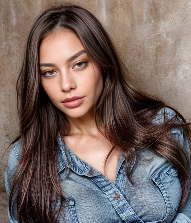 Une belle jeune femme blanche, dark and straight hair, yeux marron clair, her lips should be full and inviting with a natural pink tint, photo instagram (textured skin, pores de la peau:1.1), (taupes:0.8), Peau imparfaite, visage parfait. photo de tout le corps. Messy Jeans