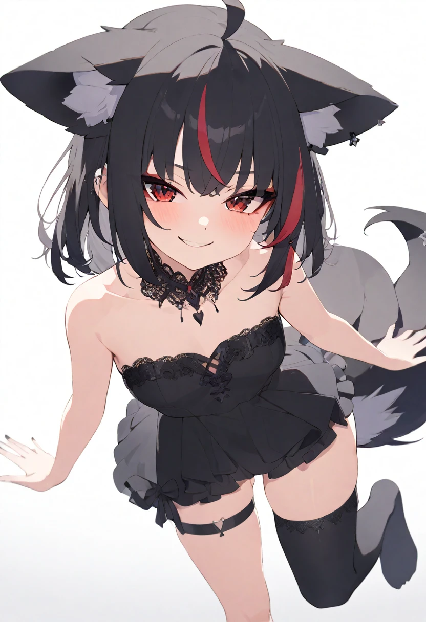 (masterpiece), (best quality), perfect face, beautiful girl, white background background, delicate and beautiful face and eyes, dark intense shadow, 
1 girl, vtuber style, cool girl, ho****ve, Skurokami, black hair, streaked hair, red eyes, thigh strap, single thighhigh, ahoge, piercing, fox tail, Gorgeous evening dress Ruffles dress, lace, necklace, small chest, cropped shoulders, clavicle, winking, smile, bare feet, chest visible through clothes, ass visible through thighs, (full body), looking at viewer, standing, 