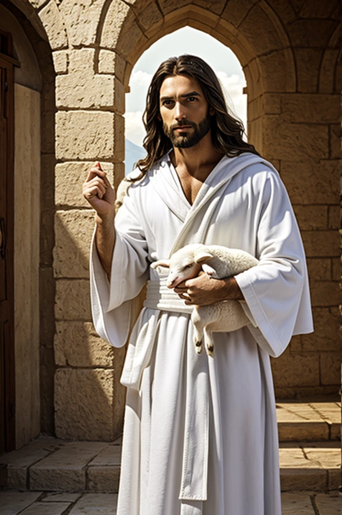 Jesus, Messiah, white robe holding a lamb