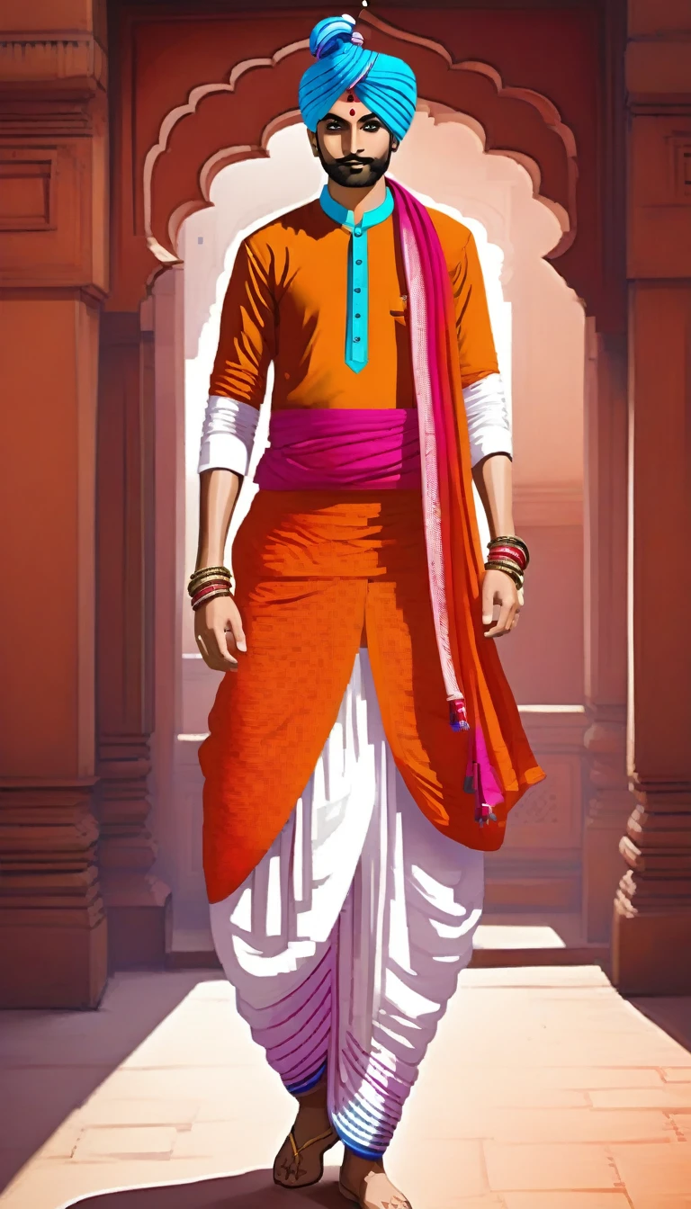 uffy: Dressed in a vibrant Indian dhoti and kurta.
The dhoti should be a playful color that reflects his personality, like orange or red.
The kurta can be white or a light contrasting color, with simple embroidery or patterns.
Add a playful detail like a colorful sash tied around his waist or a traditional Indian headwrap.