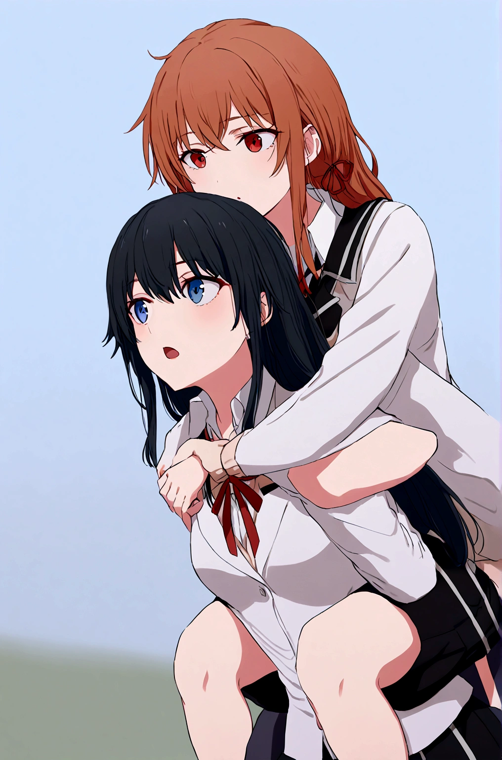 2 grils mother Yuigahama  giving yukino yukinoshita piggyback ride, Blue eyes black long hair piggyback ride, 