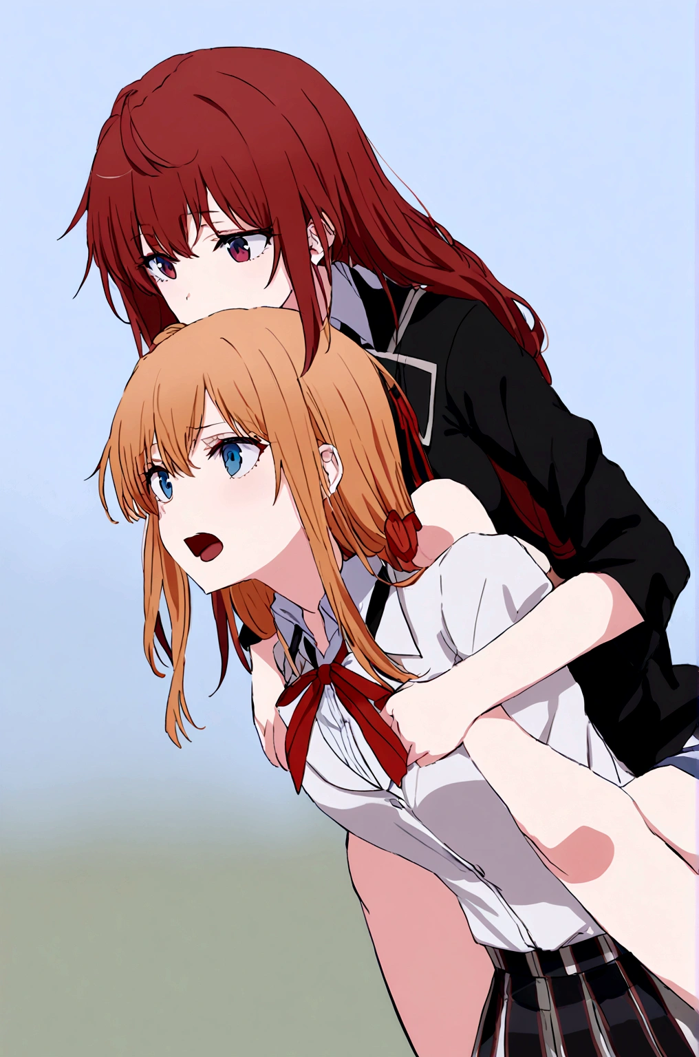 2 grils mother Yuigahama  giving yukino yukinoshita piggyback ride, Blue eyes black long hair piggyback ride, 