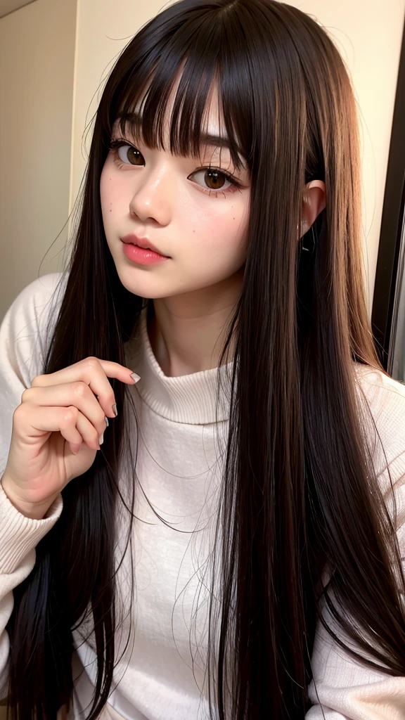 Close-up of a woman with long hair and a cigarette, Ela tem cabelo preto With bangs, Ulzzang, With bangs completa, Larisa Manovar, With bangs, Korean, cabelo arrumado With bangs, Young and pretty Asian face, cabelo comprido With bangs completa, cabelos longos With bangs, Young and adorable Korean face, Pale, round face, young asian girl