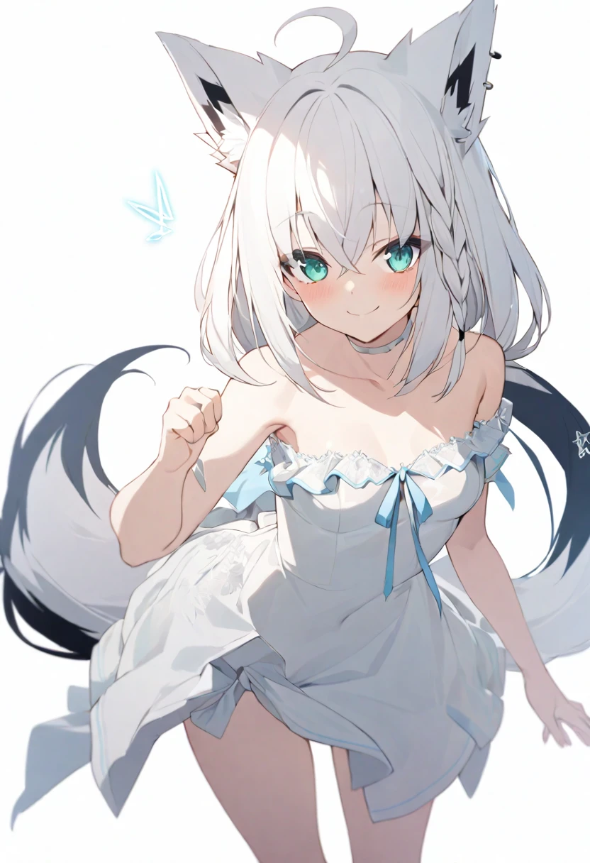 (masterpiece), (best quality), perfect face, beautiful girl, white background background, delicate and beautiful face and eyes, dark intense shadow, 
1 girl, vtuber style, cool girl, ho****ve, Shirakami Fubuki, fubuki, white hair, single side braid, ahoge, piercing, fox tail, Gorgeous evening dress Ruffles dress, lace, necklace, small chest, cropped shoulders, clavicle, winking, smile, bare feet, chest visible through clothes, ass visible through thighs, (full body), looking at viewer, standing, 