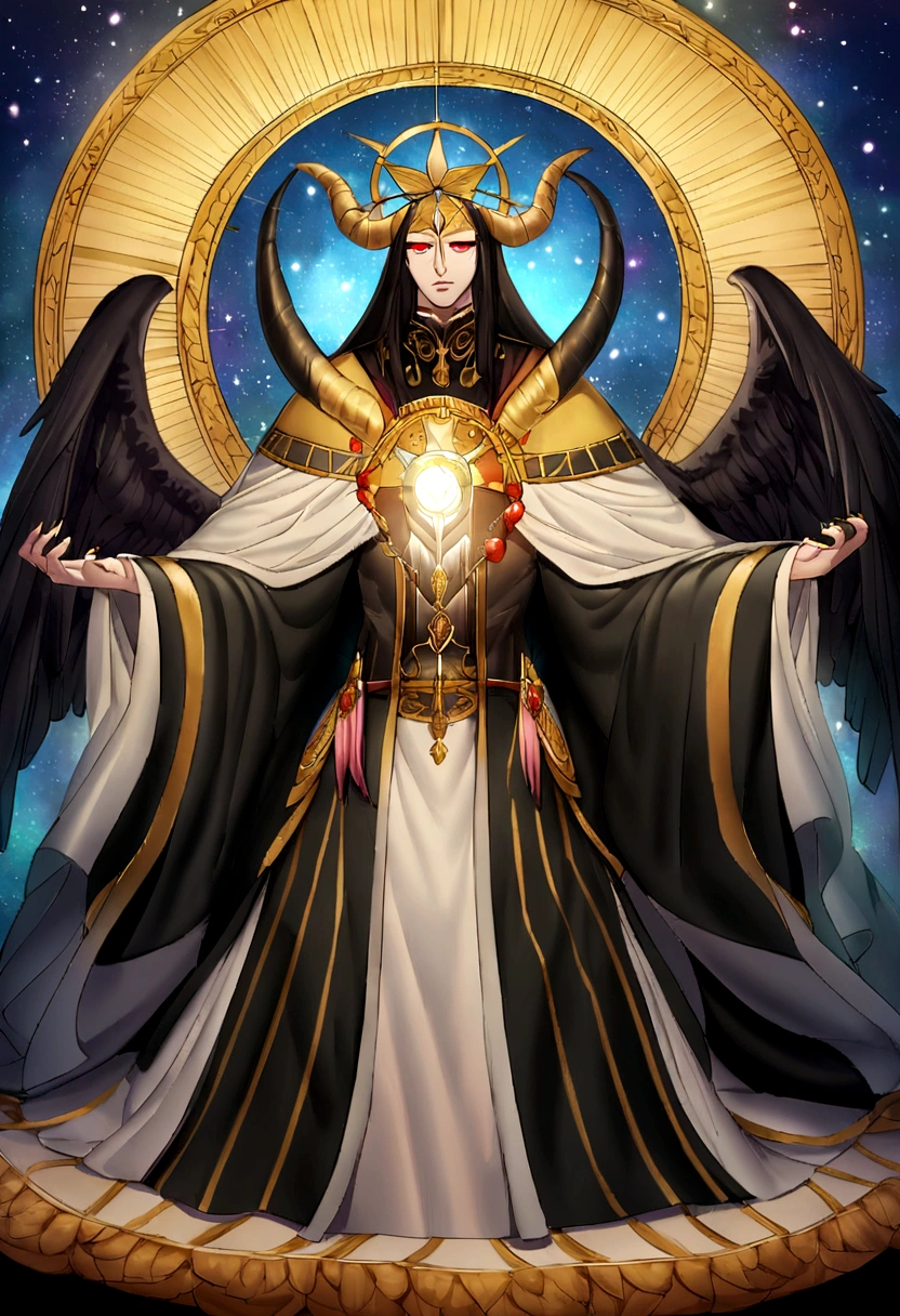 Create a detailed illustration of a male male magician celestial demon. This entity must have two large black wings that combine bright plumes with a dark and threatening appearance.. The figure should have horns on its head and a shiny golden halo behind it., symbolizing his celestial and demonic duality. Vista-o com vestes escuras e majestosas, com detalhes dourados. He must hold an ancient and magical book open, que emite uma luz dourada, sugerindo seu papel como mago. The facial expression should be serene and intimidating, com olhos laranjas brilhantes que transmitem sabedoria e poder. O fundo deve ser escuro e nebuloso, creating a mystical and supernatural atmosphere. Art must have an epic and mystical style, com uma atmosfera de beleza perturbadora e poder arcano, ele deve estar sentado em uma cadeira de rodas."