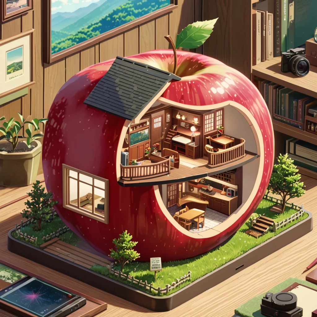 ((anime:1.4,illustration)),(masterpiece, top quality, best quality),(ultra-detailed, absolutely resolution),((16k, high res)),
(((a miniature of a model of a house inside an apple, incredibly detailed, a microscopic photo, photorealism))
((cosy lofi illustration:1.4)), ((anime:1.4, illustration)),(masterpiece, top quality, best quality),(ultra-detailed, absolutely resolution),((16k, high res)) BREAK {lofi art, style of Laurie Greasley, style of Makoto Shinkai, anime aesthetic}, BREAK { (produces images with information than 40 million pixels with cinematic-like detailed textures shot on a Sony SLR).}