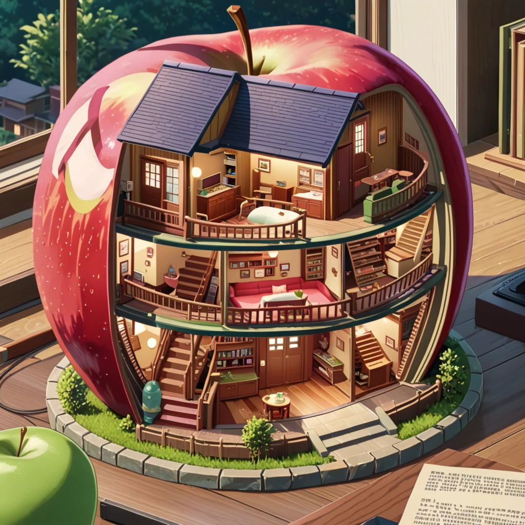 ((anime:1.4,illustration)),(masterpiece, top quality, best quality),(ultra-detailed, absolutely resolution),((16k, high res)),

(((a miniature of a model of a house inside an apple, incredibly detailed, a microscopic photo, photorealism))

((cosy lofi illustration:1.4)), ((anime:1.4, illustration)),(masterpiece, top quality, best quality),(ultra-detailed, absolutely resolution),((16k, high res)) BREAK {lofi art, style of Laurie Greasley, style of Makoto Shinkai, anime aesthetic}, BREAK { (produces images with information than 40 million pixels with cinematic-like detailed textures shot on a Sony SLR).}