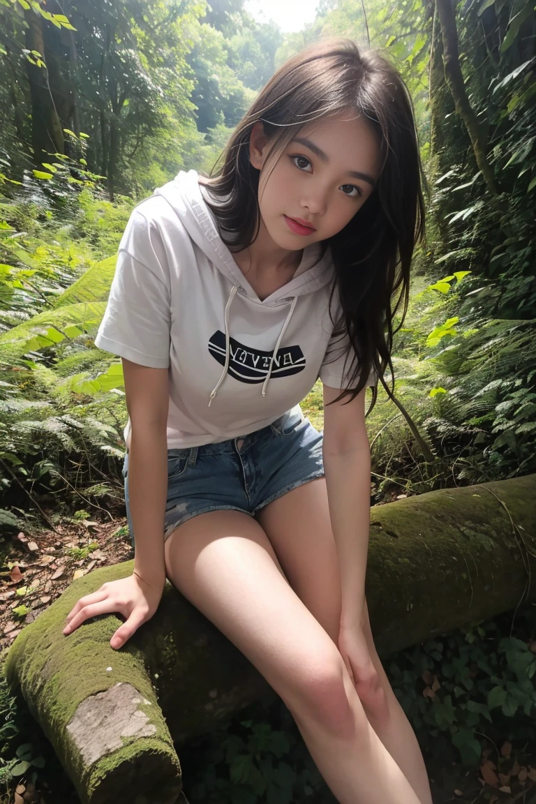 deux femmes ensemble sexy et mince de 18 ans , dans la forêt , short sleeve hoodie et short en jean , position sexy , position sensuelle, se touche ,