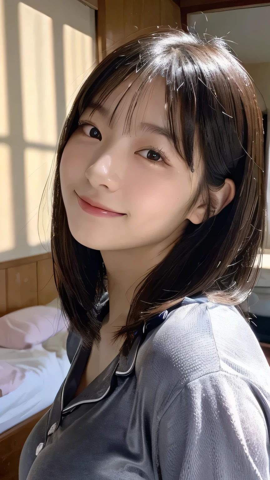 (Highest quality,masterpiece:1.3,Ultra-high resolution),(Very detailed,Caustics,16K),(Realistic:1.4,RAW shooting),Ultra-Realistic Capture,Human skin close-up,Natural skin texture,The pores are detailed enough to be easily identified,Healthy Skin and Even Tone,Use natural light and color,18-year-old,Japanese,cute,Long black hair,I'm looking at the camera with a smile on my face,Big Breasts,Waist up shot,(Face Focus:1.2),(Face close-up:1.2),(Low position:1.3),(Low Angle:1.3),(Night bets),Lens flare,On the bed、In pajamas、Wearing pajamas