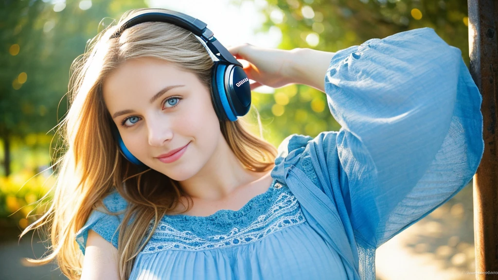 Beautiful blonde with big breasts in a blue dress (Beautiful morning sun in a German town),Wearing headphones,Very detailed, 21 years old, Innocent face, Naturally Wavy Hair, blue eyes, High resolution, masterpiece, Highest quality, Intricate details, Very detailed, Clear focus, Delicate skin, practical skin texture, texture, Delicate eyes, Professional, 4K, Cute Smile, Shot with Canon, 85mm, Shallow and deep, Kodak Vision Color, Exactly, Very detailed, photograph_\(Extremist\), photographpractical, practical, Post-processing, Maximum details, Roughness, Real Life, Extremist practical, Photorealism, photographgraphy, 8K Ultra HD, photographgraphy